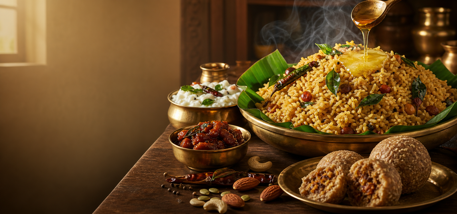 Traditional Karnataka home cooked meal on banana leaf
